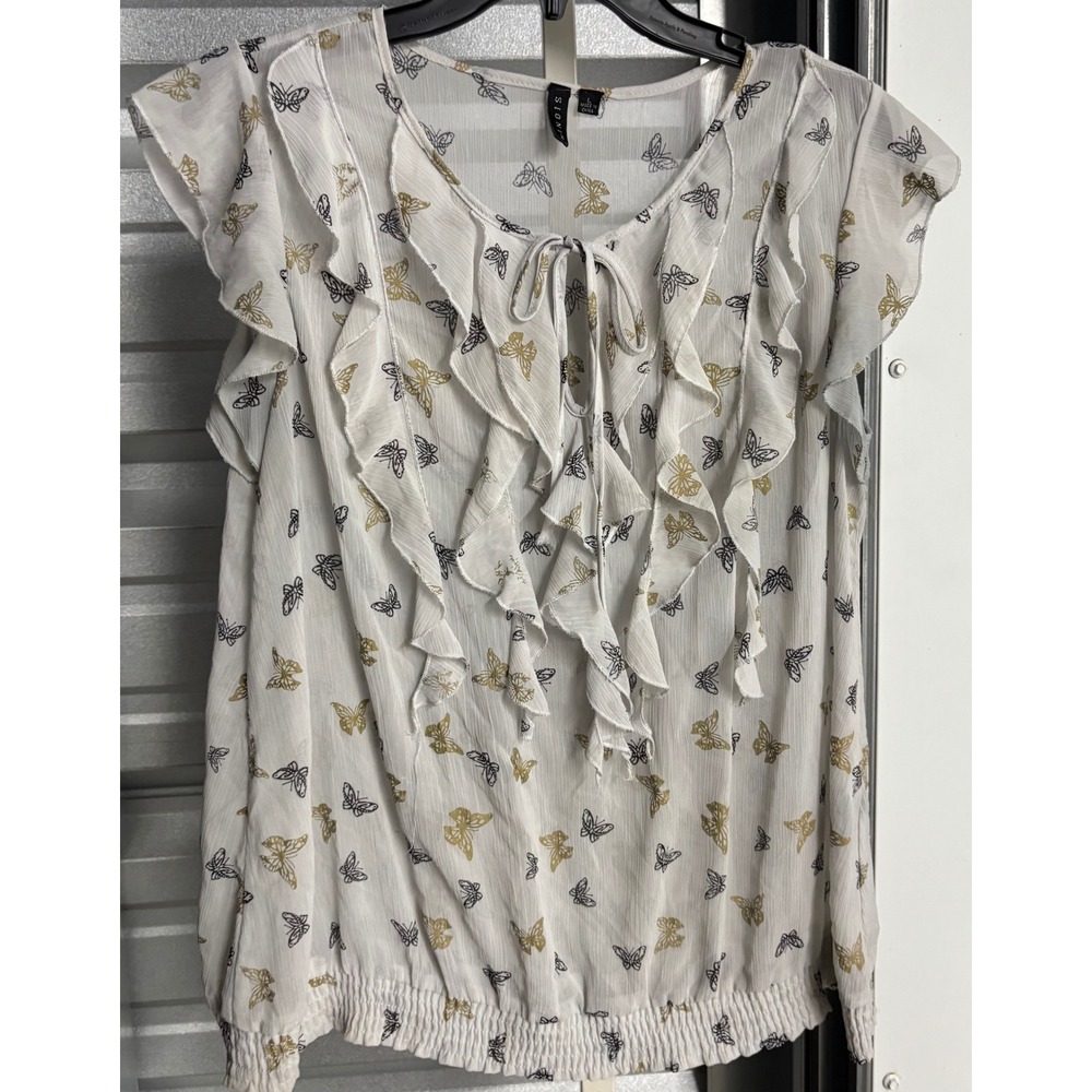 Sheer Sioni Butterfly Print Ruffle V-Neck Flutter Sleeve Smocked Blouse